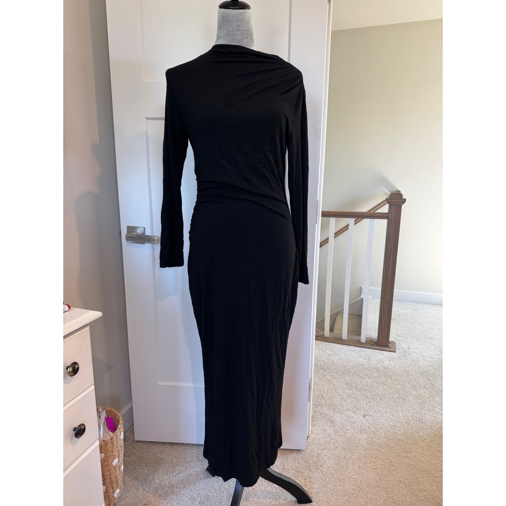 ZESICA Black Asymmetrical Ruched Long Sleeve Maxi Dress Medium Draped Bodycon